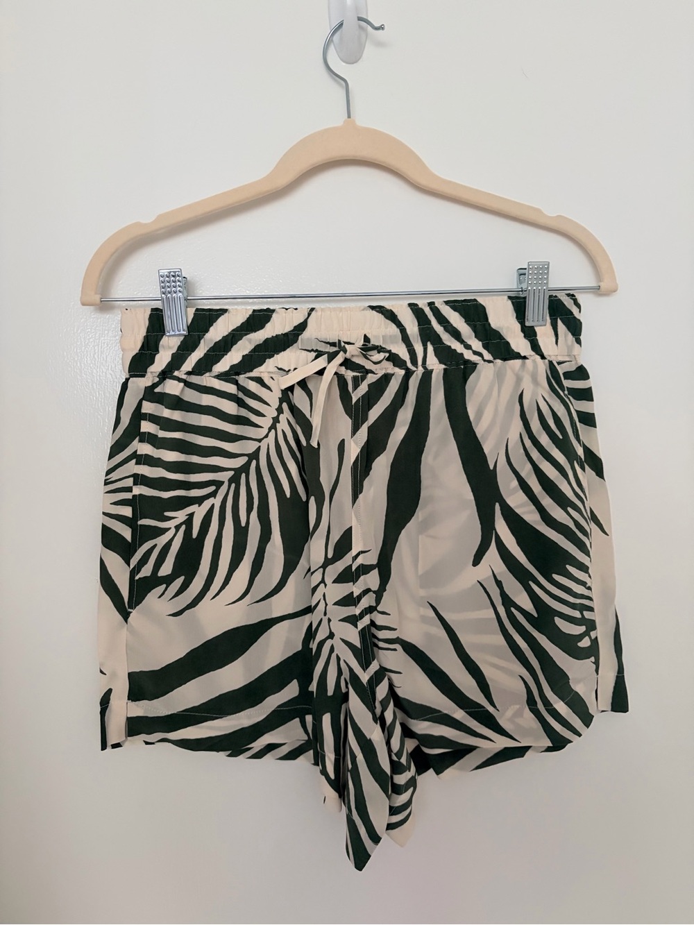 AYR Silk Cream and Green Palm Print High Rise Tie Waist Shorts- Small